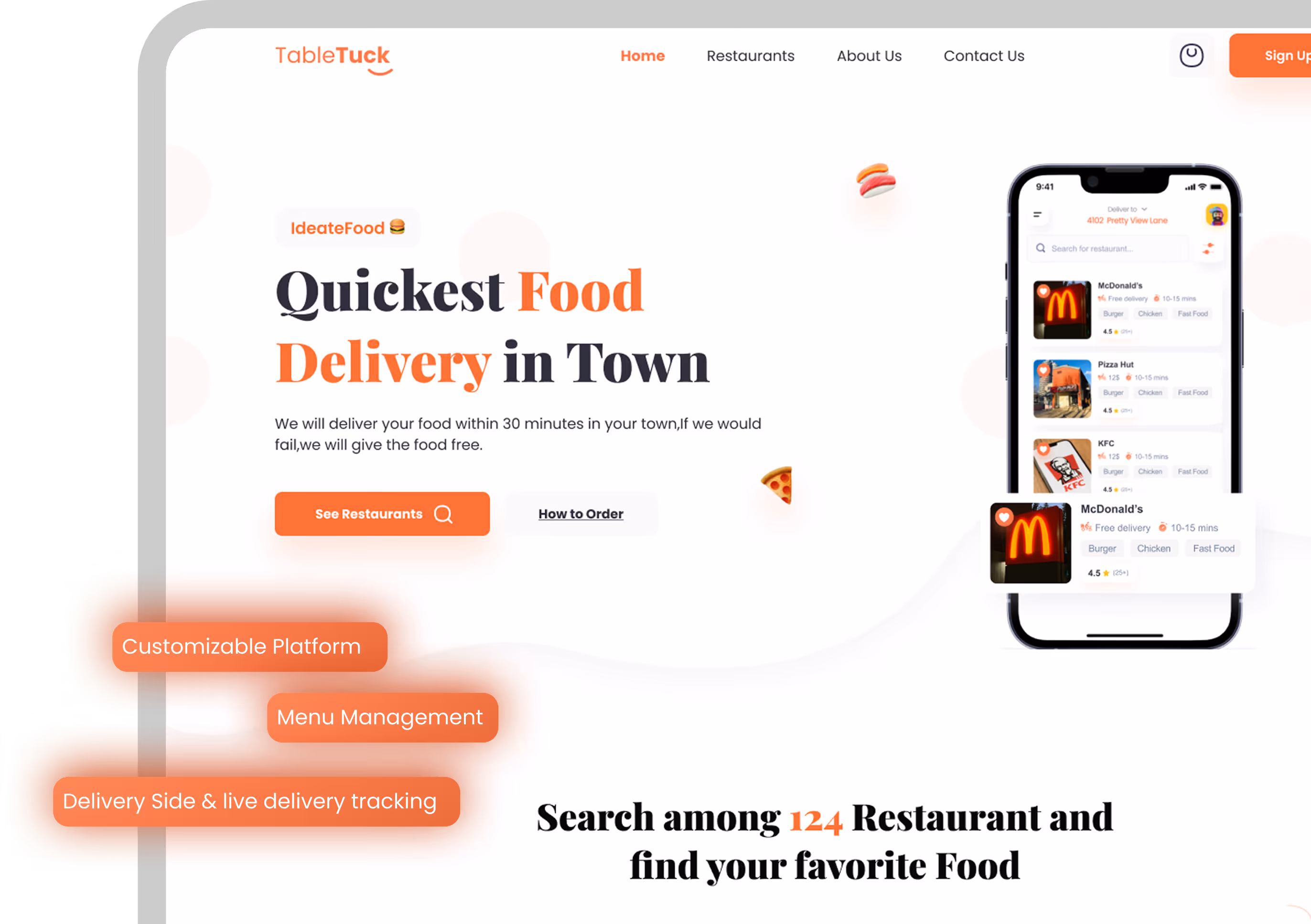 TableTuck food delivery app interface with highlights on quickest delivery, customizable platform, menu management, and live tracking features.