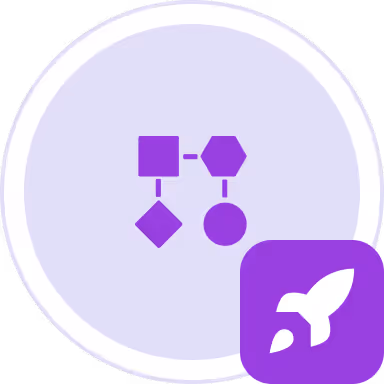 Purple flowchart shapes connected by lines within a circular light purple background, with a rocket icon in a purple square at the bottom right.