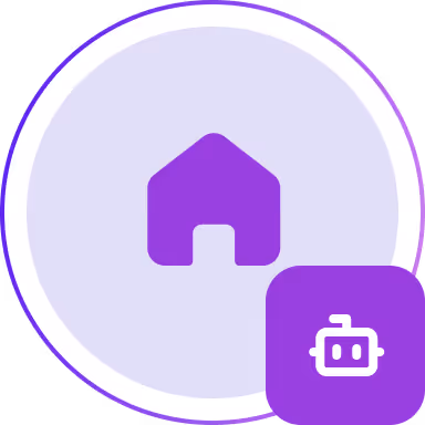 Purple home icon inside a circular button with a smaller purple square containing a robot face icon in the bottom right corner.