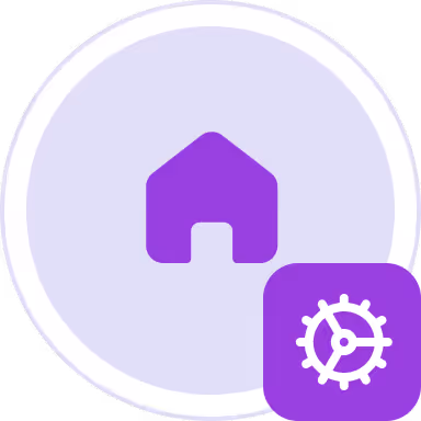 Purple house icon inside a light purple circle with a purple gear icon overlapping the bottom right.