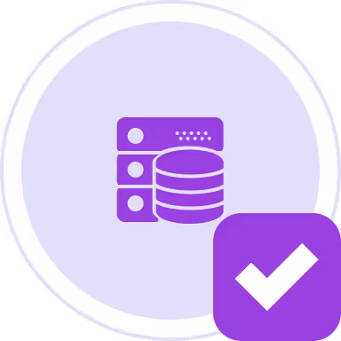 Purple database and server icon inside a light purple circle with a purple checkmark in the bottom right corner.