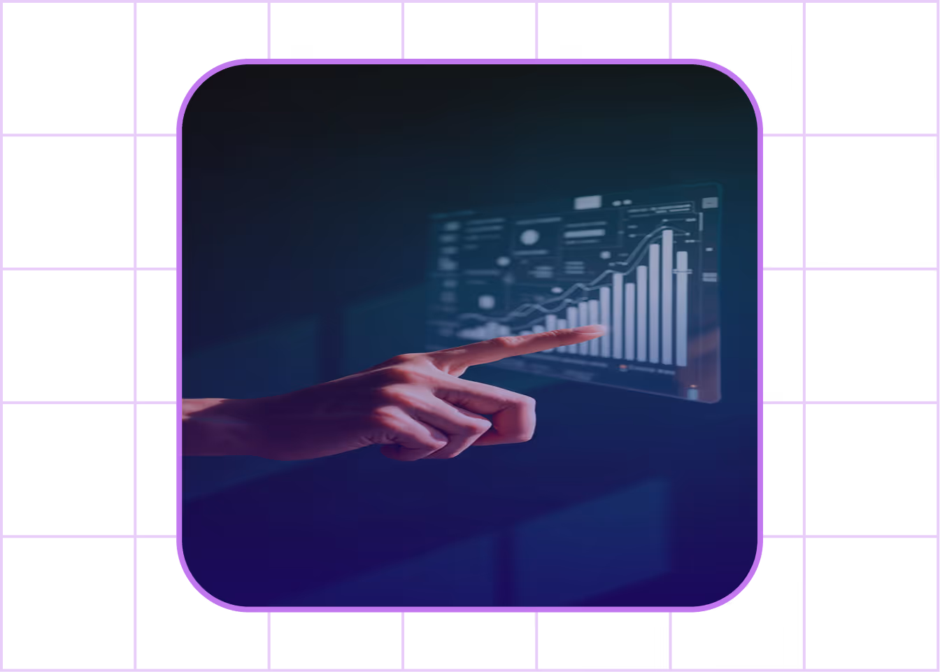 Hand pointing at a transparent digital screen displaying a rising bar chart and data analytics.