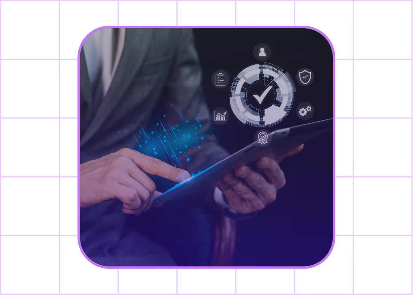 Person in a suit using a tablet with floating digital icons representing security, approval, charts, and settings.