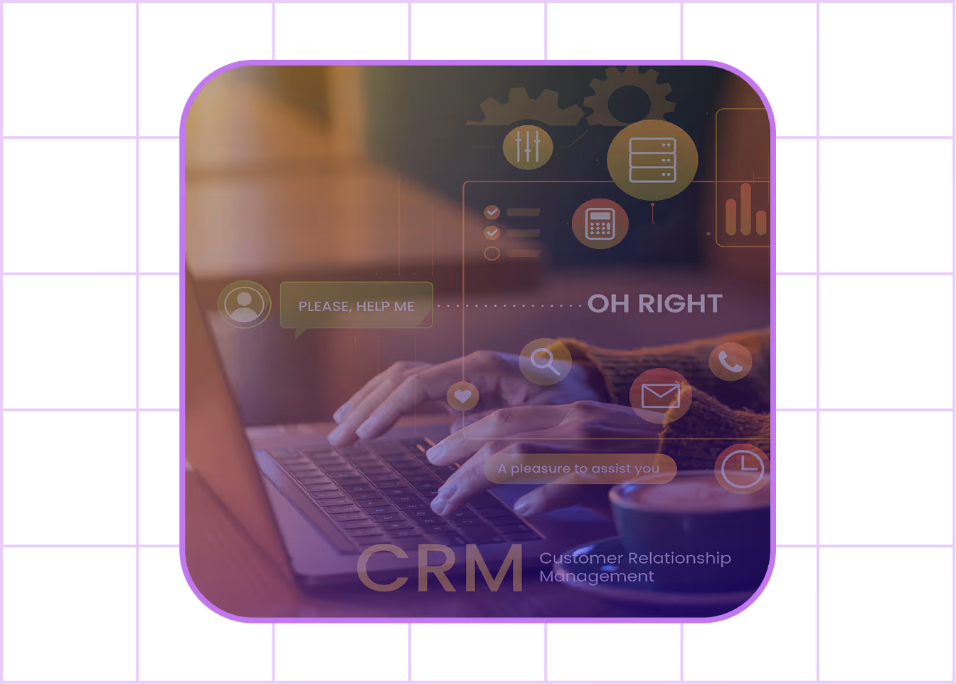 Hands typing on a laptop keyboard with digital icons and text about CRM and customer support overlaid.