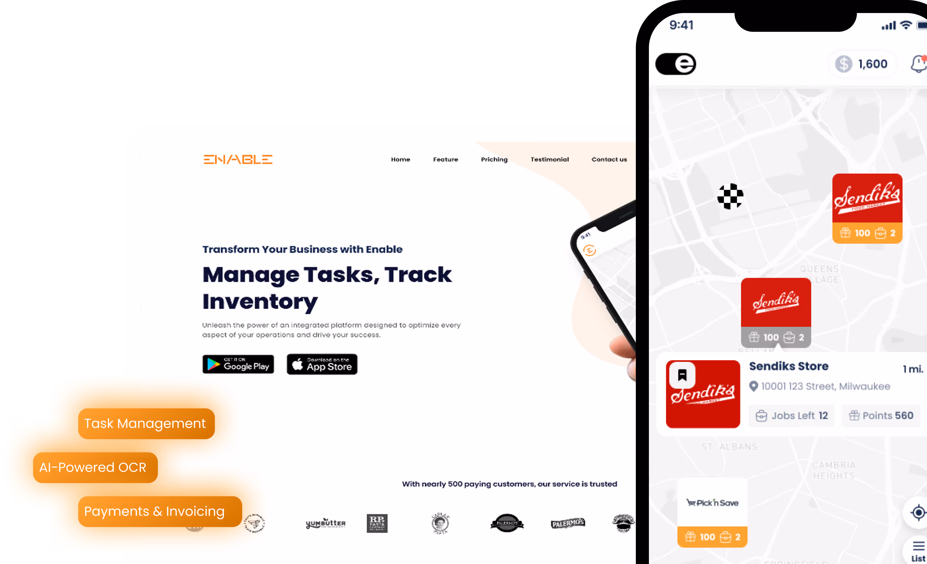 Split screen showing Enable platform website on left with task management, AI-powered OCR, and payments features, and a mobile app map on right displaying nearby stores with job and points info.
