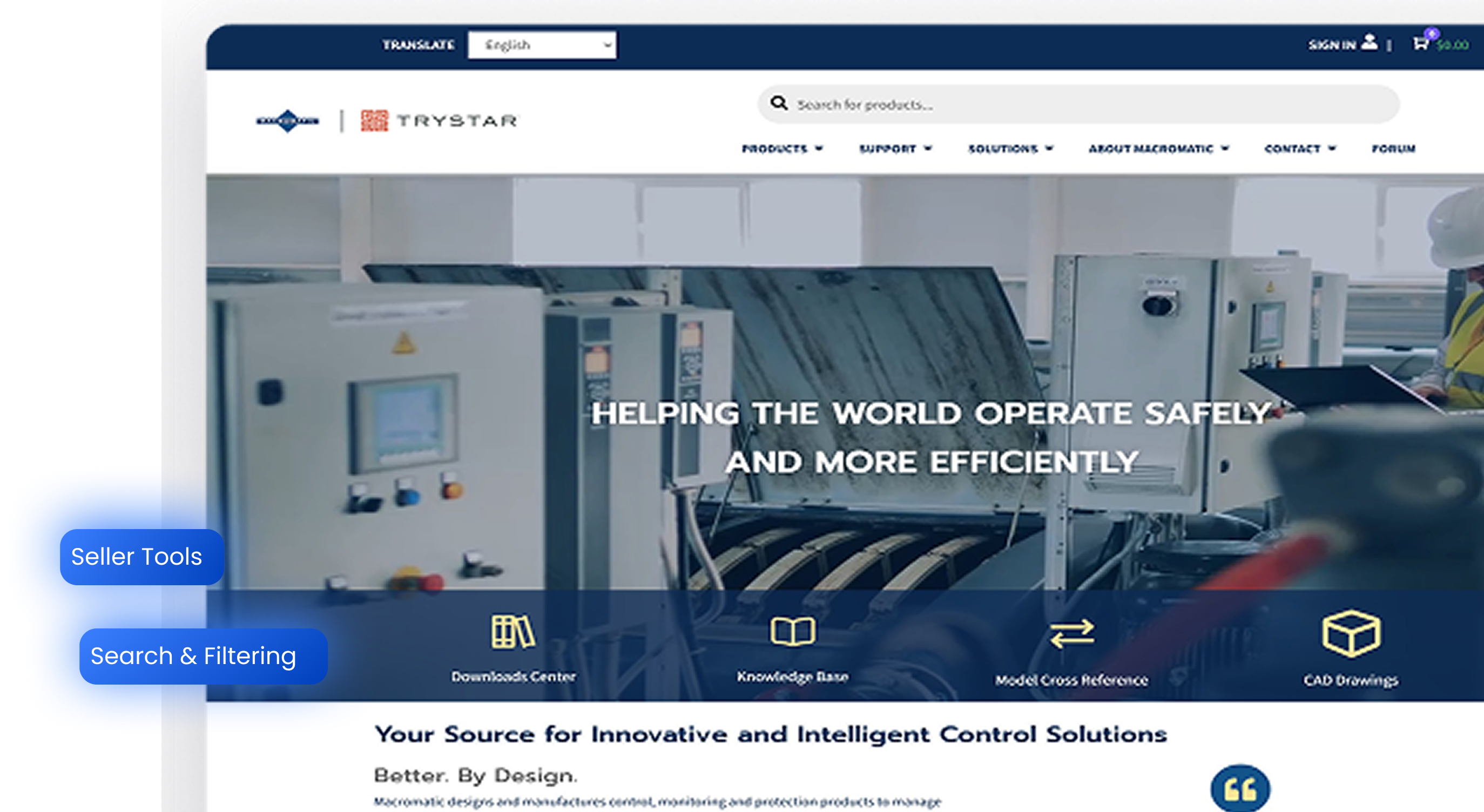 Industrial control panels with a person wearing a hard hat working on a laptop, overlaid text 'Helping the world operate safely and more efficiently.'