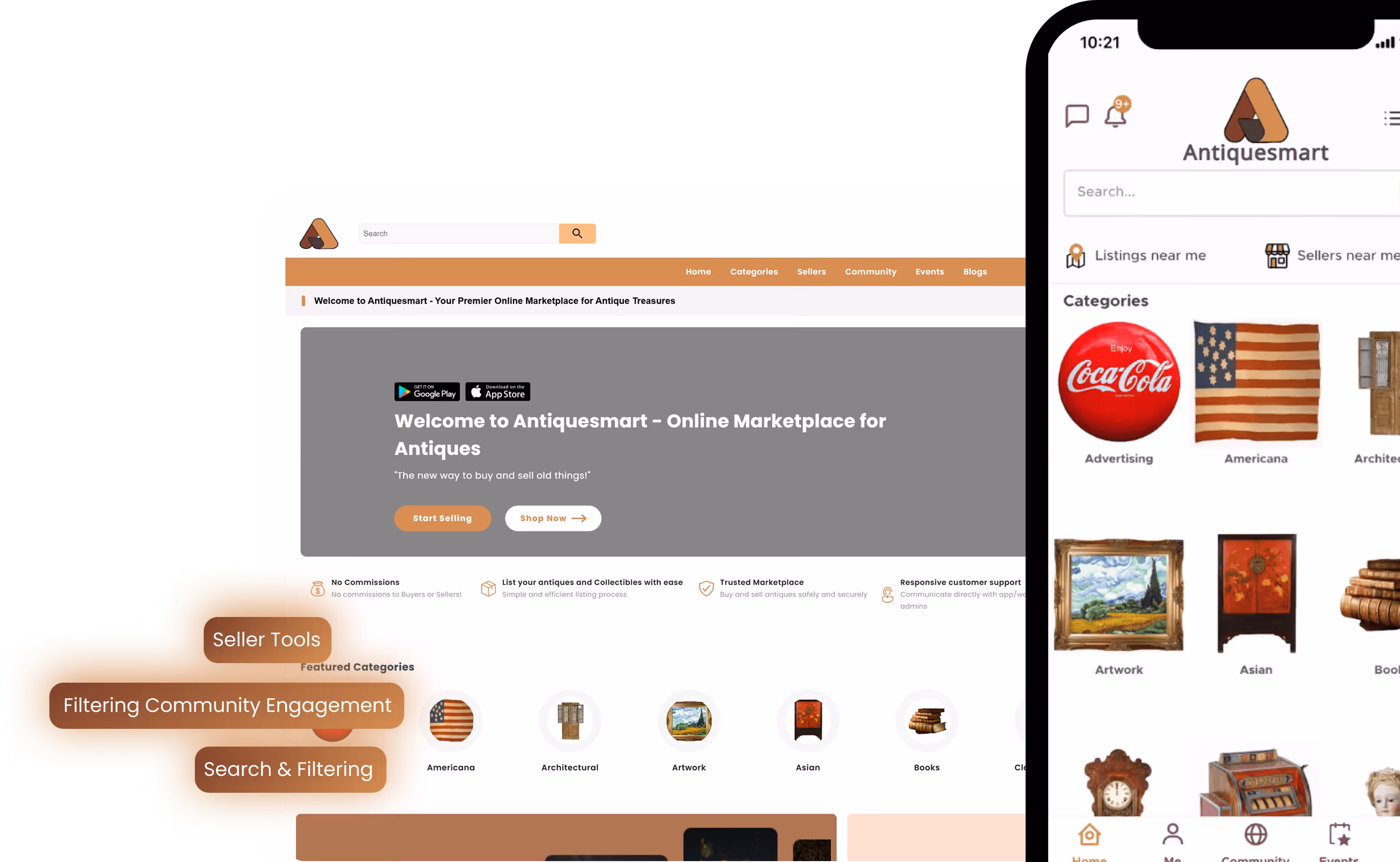 Screenshot of Antiquesmart online marketplace homepage and mobile app showing search bar, categories including Advertising, Americana, Artwork, Asian, and Books with user interface elements.