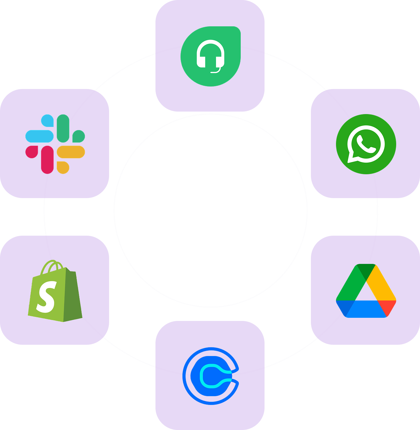 Circle of six purple rounded squares with logos of communication and productivity apps: Slack, Headset, WhatsApp, Google Drive, Calendly, and Shopify.