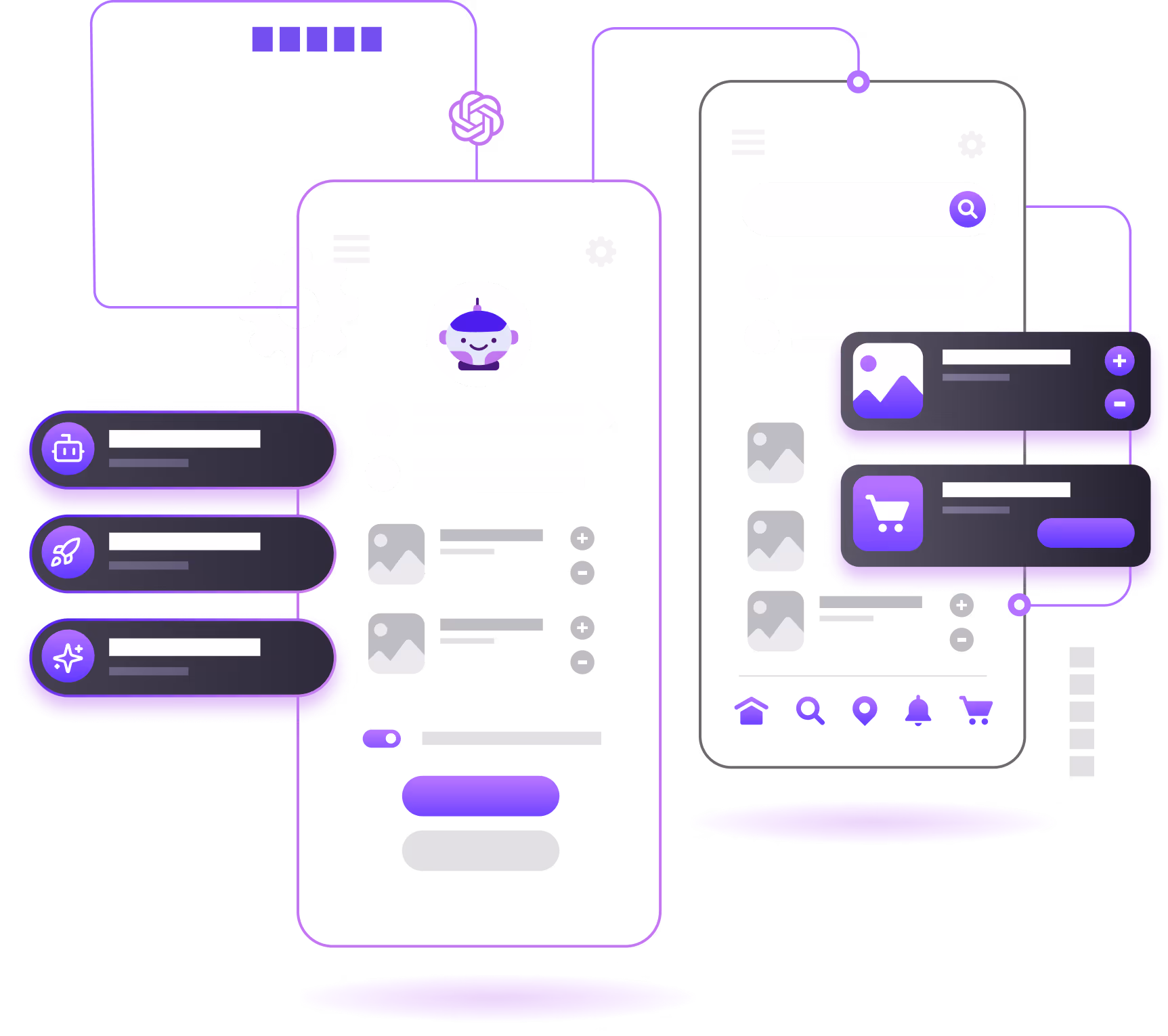 Illustration of two mobile screens with UI elements including profile icons, settings, menus, images, and interactive buttons connected by purple lines.