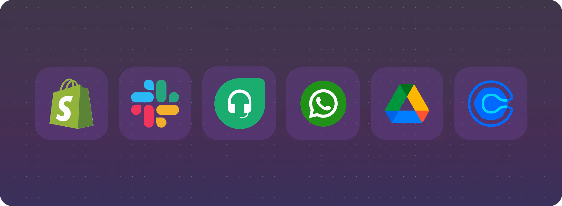 App icons for Shopify, Slack, Freshdesk, WhatsApp, Google Drive, and Chargebee on a dark purple background.