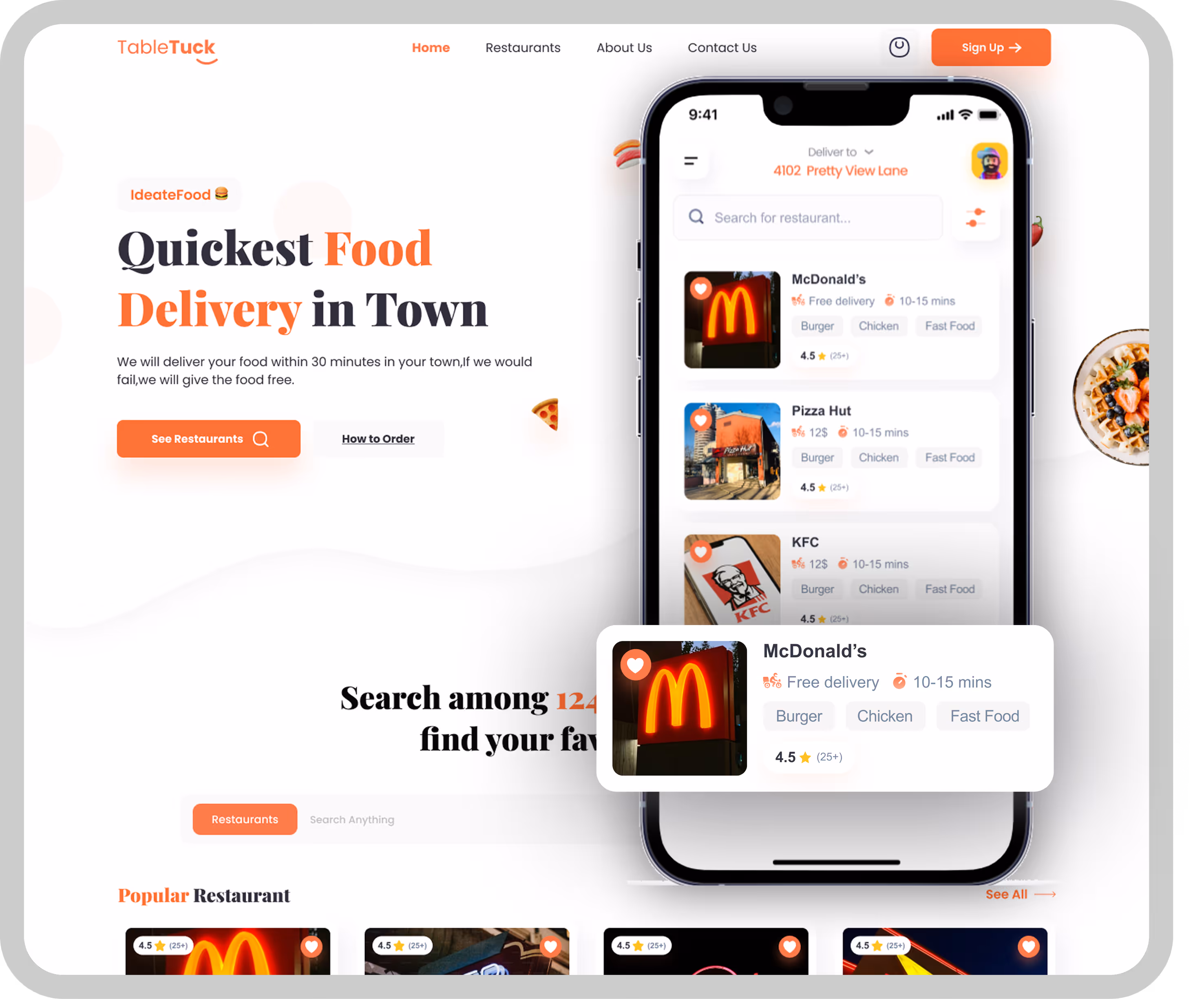 TableTuck food delivery app homepage showing quick food delivery guarantee, restaurant search, and listings including McDonald's, Pizza Hut, and KFC with ratings and delivery times.