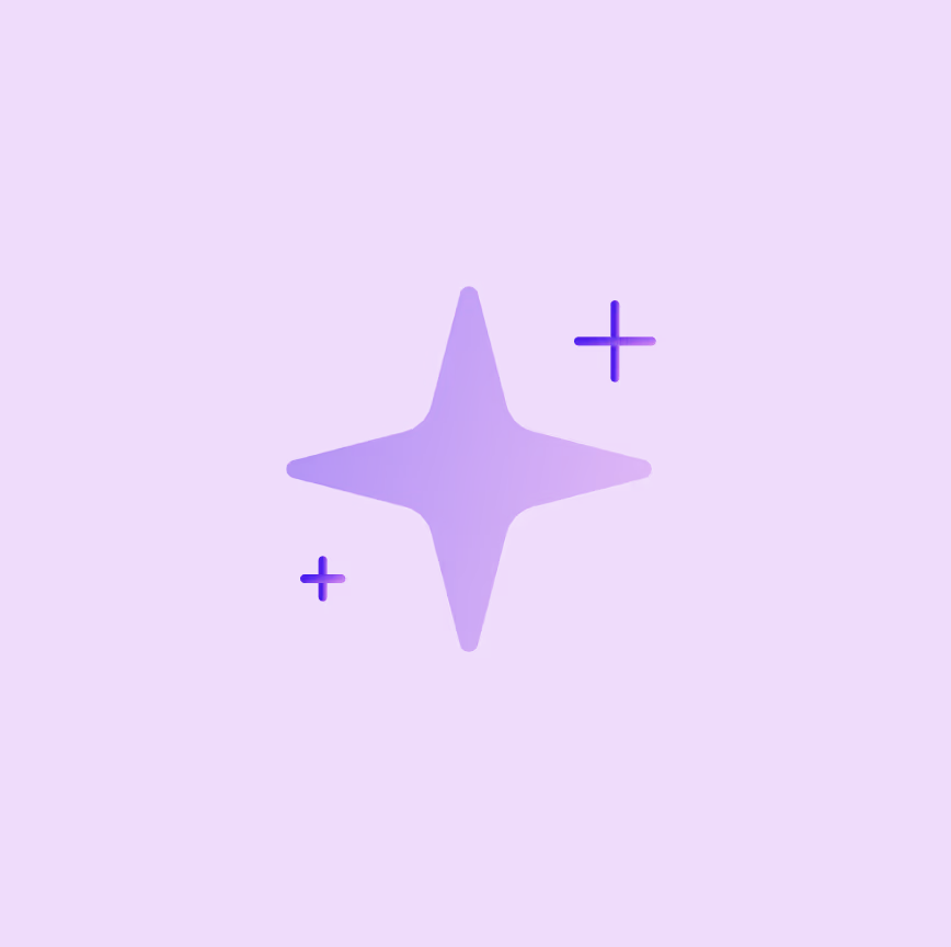 Purple background with a large four-point star shape and two smaller plus signs in gradient purple shades.