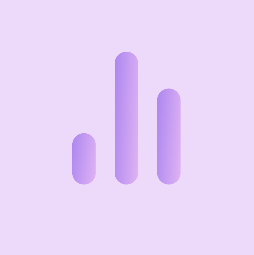 Three vertical rounded bars of varying heights in a gradient purple on a solid purple background, resembling a minimalist bar chart or signal icon.