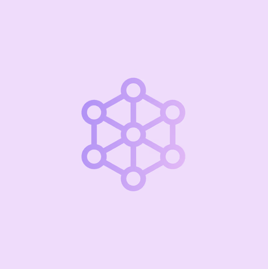 Hexagonal network icon with connected nodes on a purple gradient background.