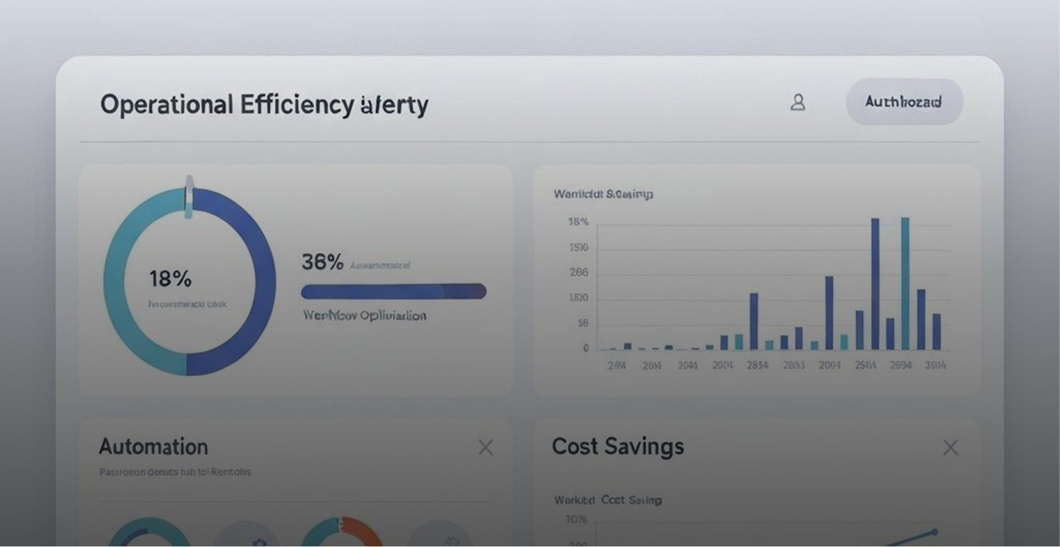 Dashboard showing operational efficiency with a pie chart at 18%, progress bar at 38%, and various bar charts and sections labeled Automation and Cost Savings.