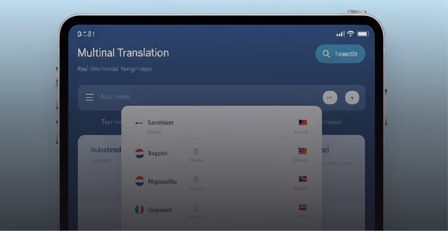 Smartphone screen showing a multilingual translation app interface with various language options and flags.