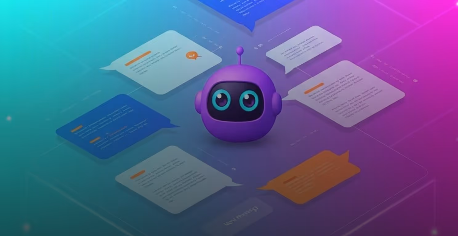 3D purple chatbot icon with big eyes surrounded by various colored digital chat bubbles on a gradient blue and purple background.