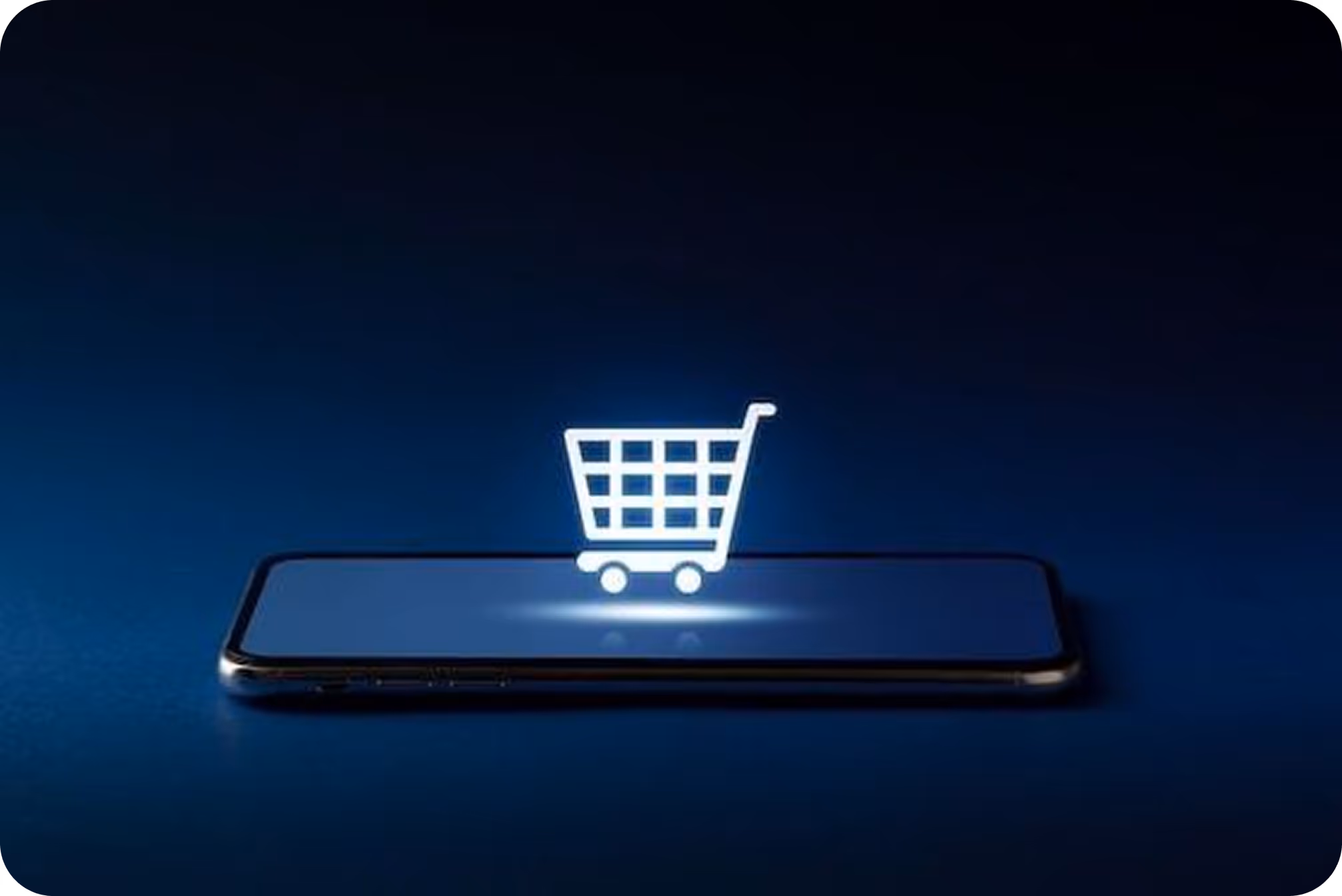 A glowing white shopping cart icon hovering above a smartphone on a dark blue background.