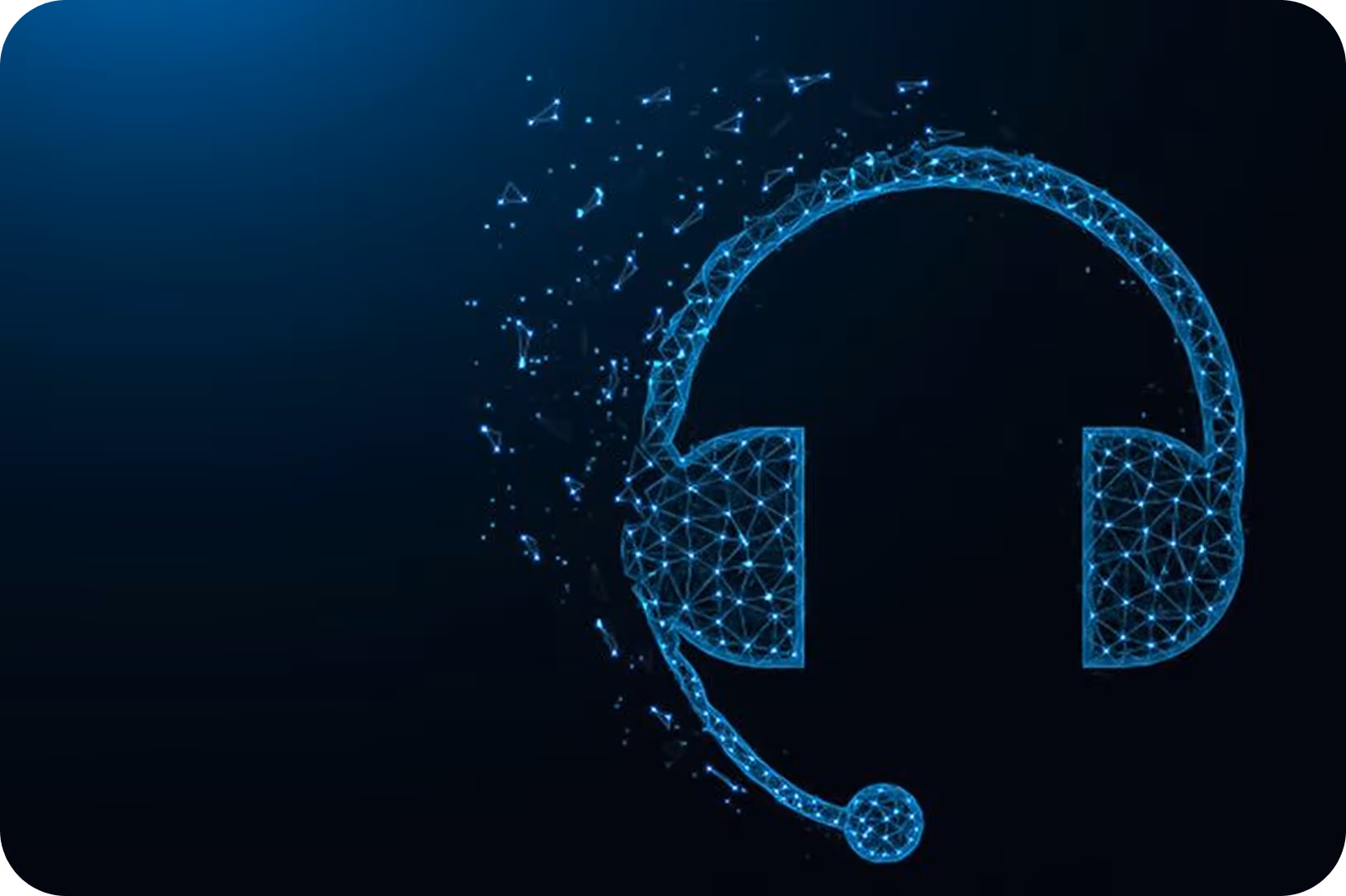 Futuristic blue digital wireframe headset with microphone on dark background.