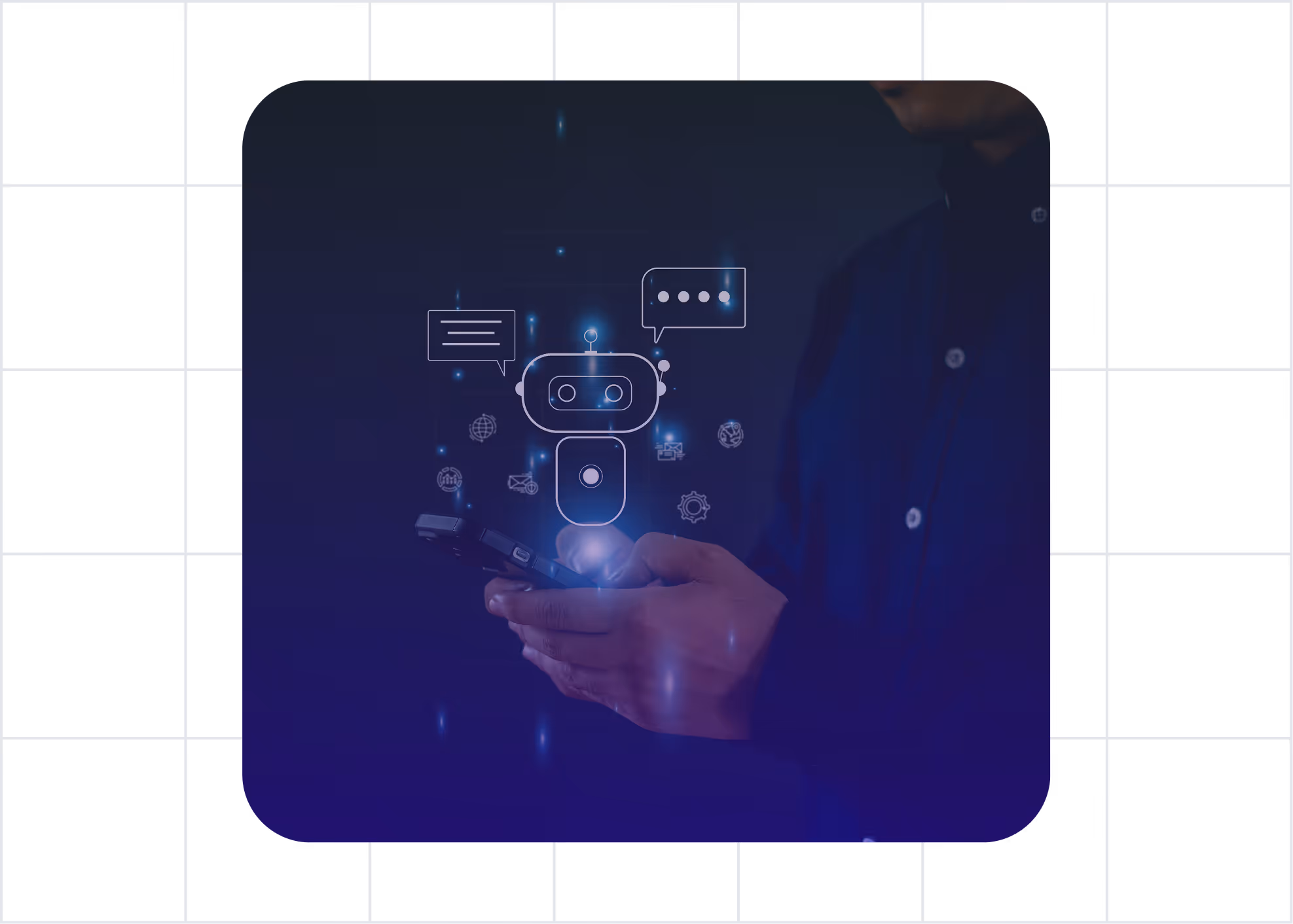 Person holding a smartphone with holographic chatbot and digital communication icons above the device.