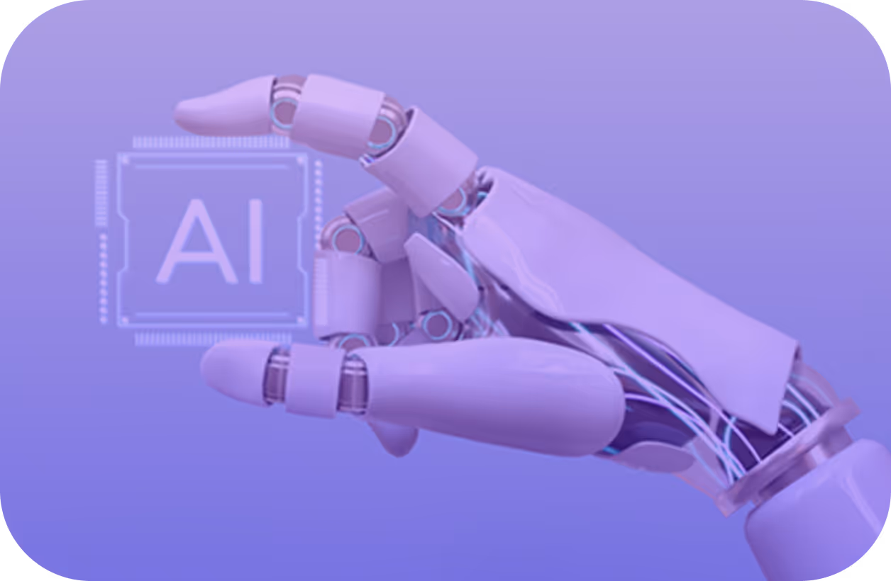 Purple robotic hand holding a digital AI chip icon on a purple gradient background.