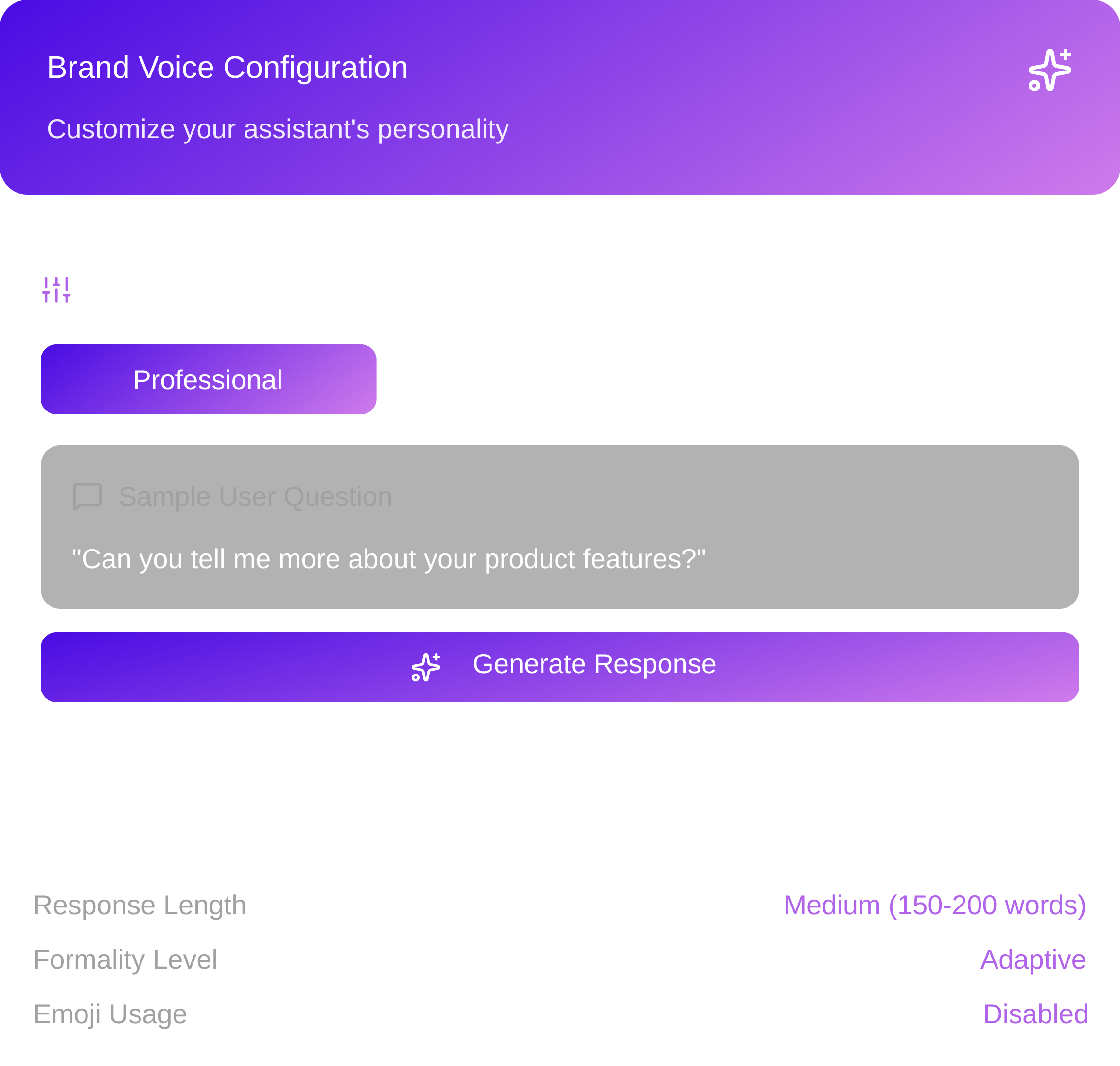 User interface for customizing assistant personality with a 'Professional' tone selected, sample question displayed, and options for response length, formality level, and emoji usage.