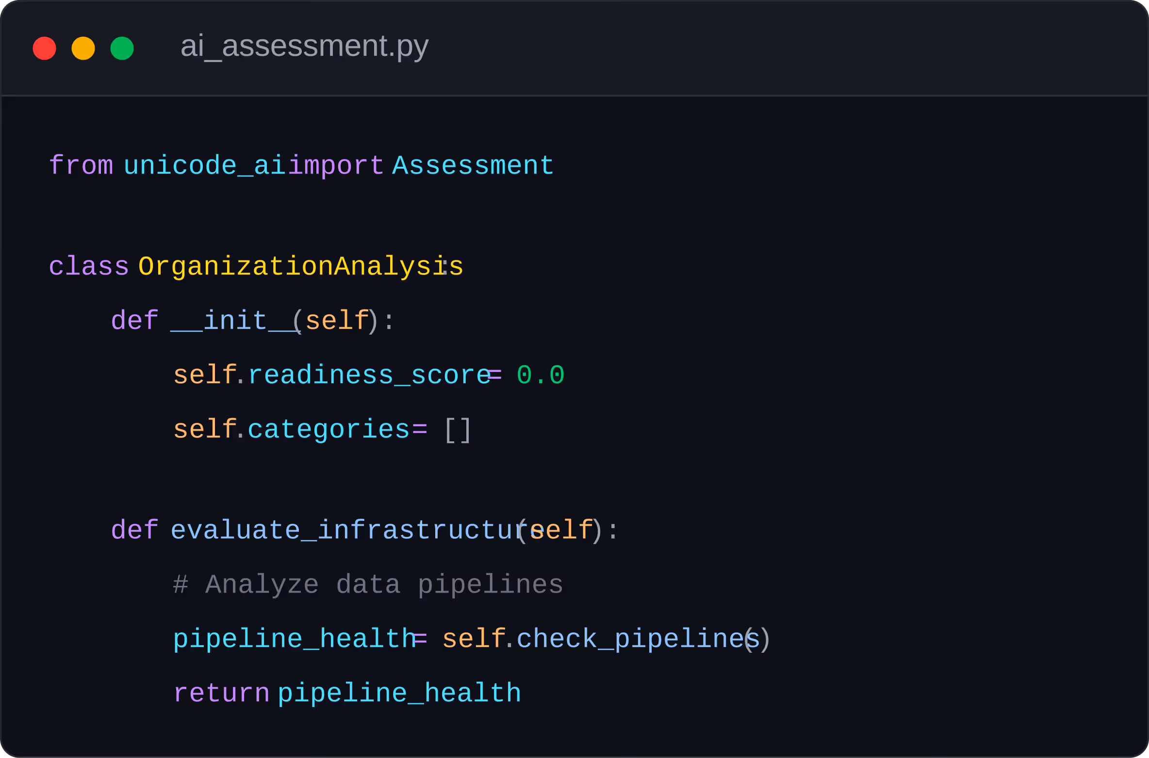 Python code defining an OrganizationAnalysis class with initialization of readiness_score and categories, and a method to evaluate infrastructure pipeline health.