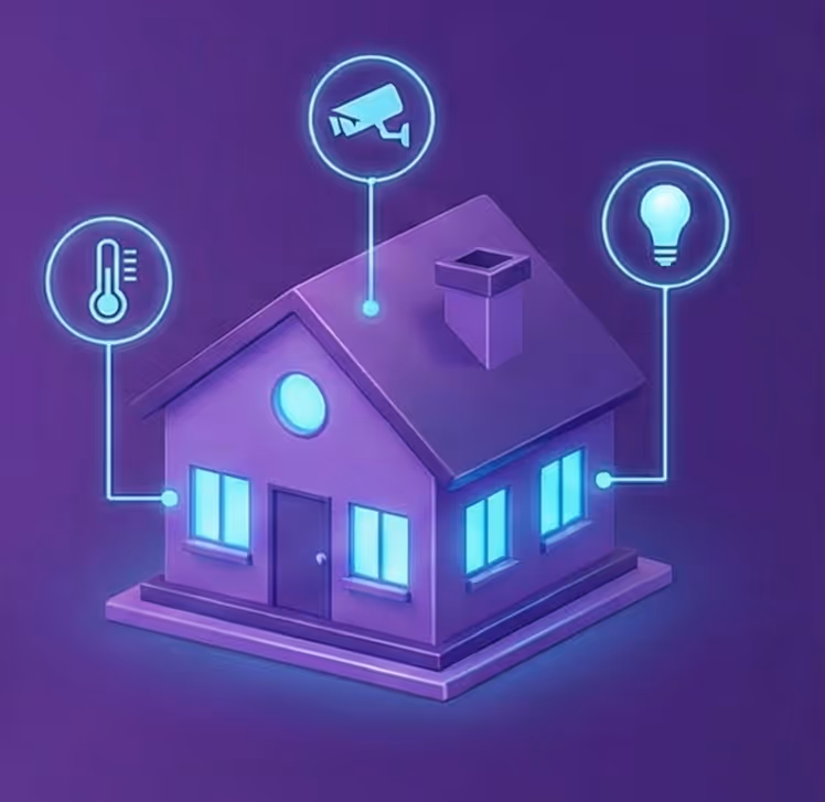 Illustration of a purple house with glowing windows connected to icons representing thermostat, security camera, and light bulb.