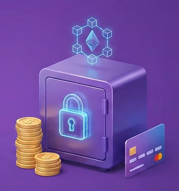 Purple safe with a glowing padlock icon, stack of gold coins, credit card, and Ethereum blockchain symbol above.