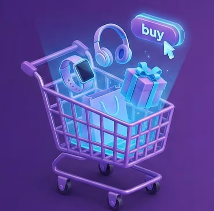 Purple shopping cart containing a smartwatch, headphones, gift box, shopping bag, and a glowing 'buy' button with a cursor pointer.