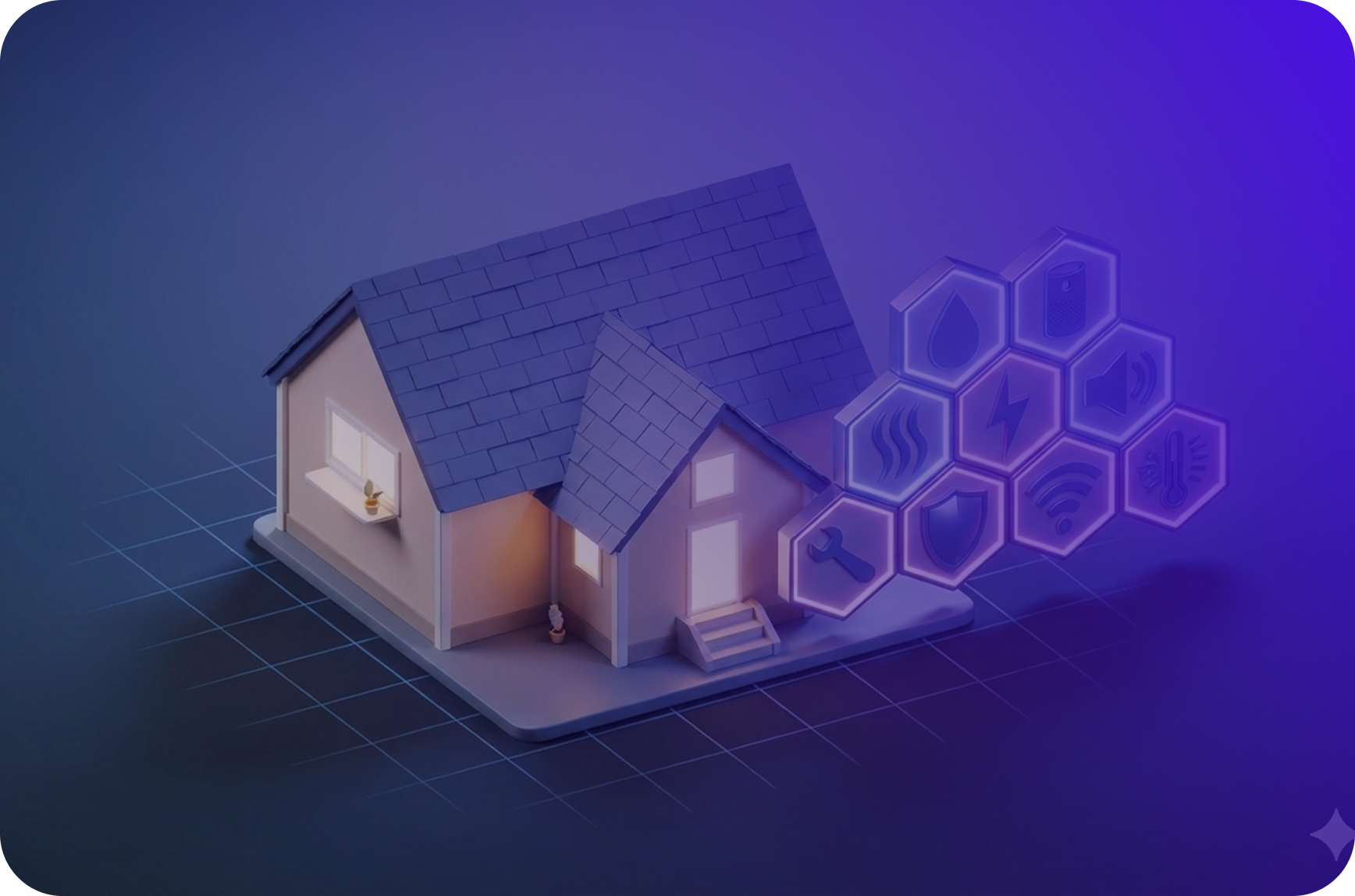 3D model of a house with icons representing smart home features such as water, electricity, heating, security, and Wi-Fi on a blue grid background.
