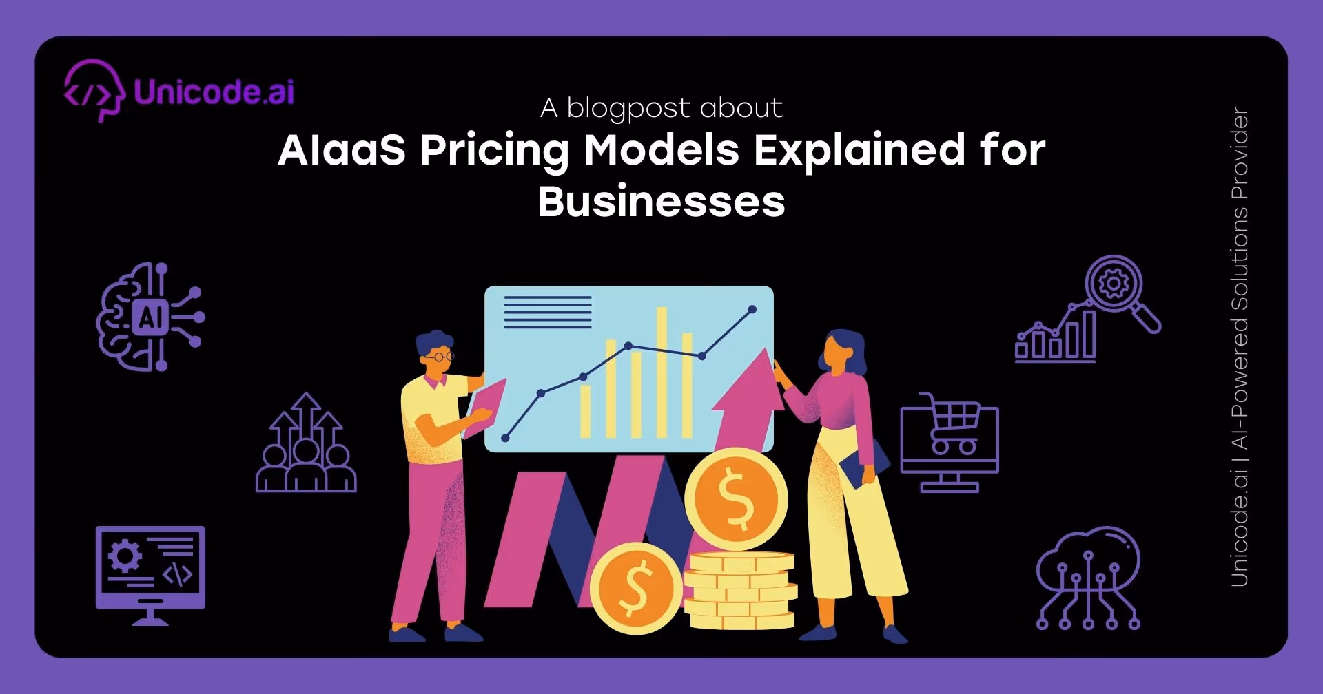 Blog cover with Unicode.ai logo featuring AI sentiment and review analysis solutions icons, including a hand selecting a happy face, user avatar surrounded by arrows, and various tech and analytics symbols on a black and purple background.
