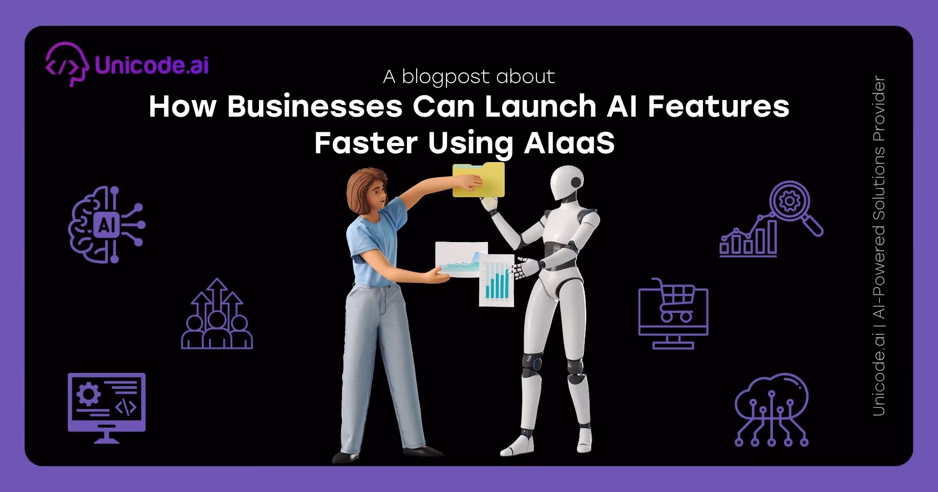 Blog cover with Unicode.ai logo featuring AI sentiment and review analysis solutions icons, including a hand selecting a happy face, user avatar surrounded by arrows, and various tech and analytics symbols on a black and purple background.