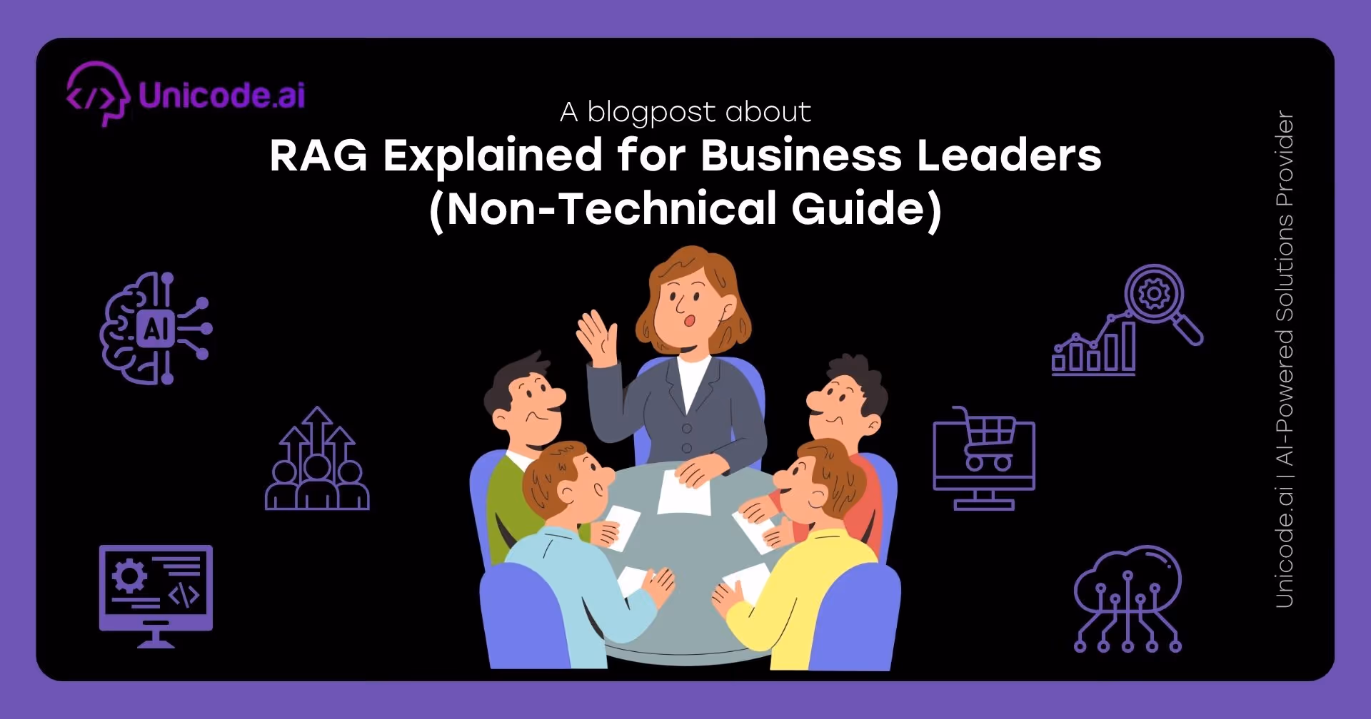 Blog cover with Unicode.ai logo featuring AI sentiment and review analysis solutions icons, including a hand selecting a happy face, user avatar surrounded by arrows, and various tech and analytics symbols on a black and purple background.