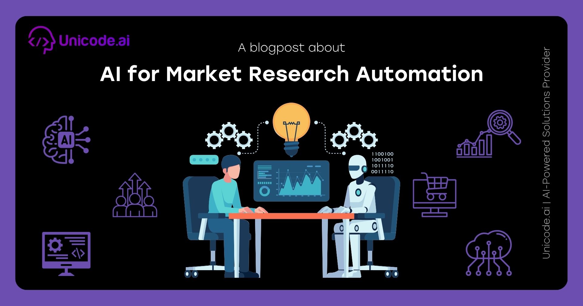 Blog cover with Unicode.ai logo featuring AI sentiment and review analysis solutions icons, including a hand selecting a happy face, user avatar surrounded by arrows, and various tech and analytics symbols on a black and purple background.