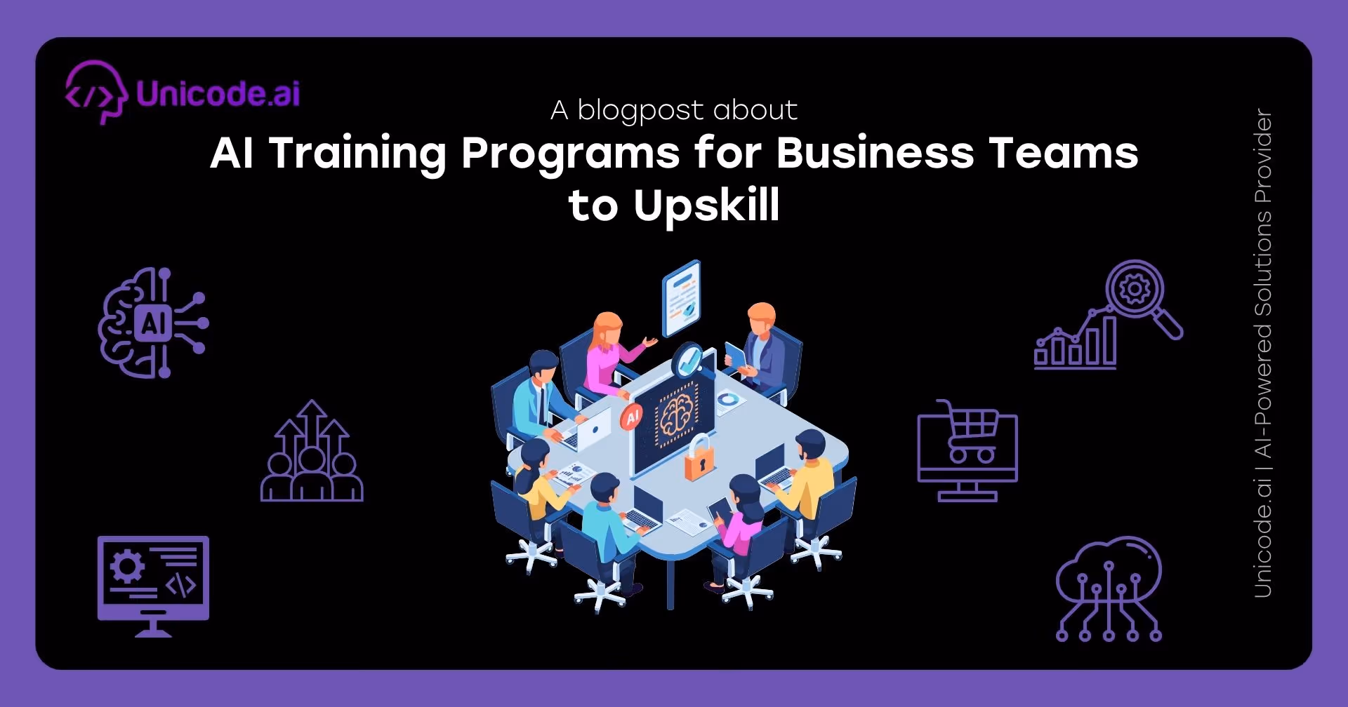 Blog cover with Unicode.ai logo featuring AI sentiment and review analysis solutions icons, including a hand selecting a happy face, user avatar surrounded by arrows, and various tech and analytics symbols on a black and purple background.