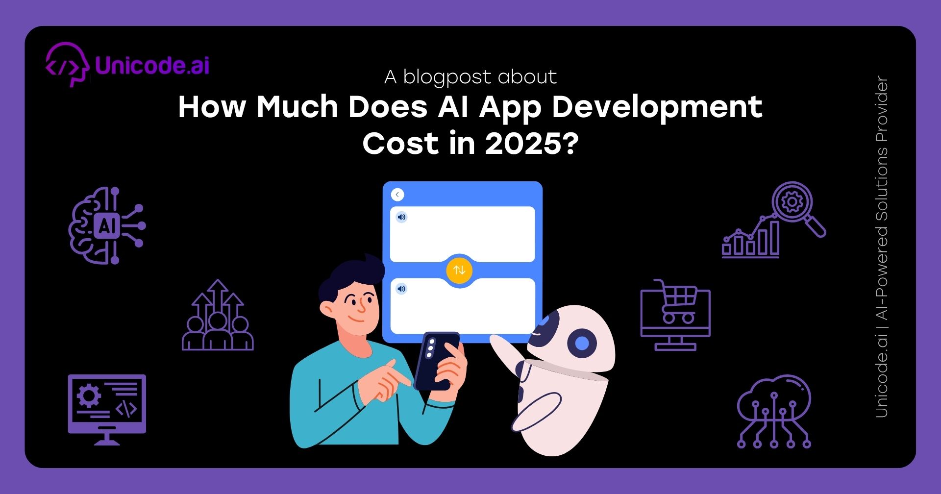 Blog cover with Unicode.ai logo featuring AI sentiment and review analysis solutions icons, including a hand selecting a happy face, user avatar surrounded by arrows, and various tech and analytics symbols on a black and purple background.