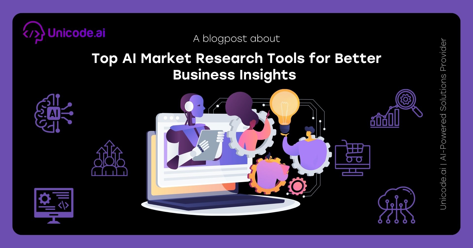 Blog cover with Unicode.ai logo featuring AI sentiment and review analysis solutions icons, including a hand selecting a happy face, user avatar surrounded by arrows, and various tech and analytics symbols on a black and purple background.