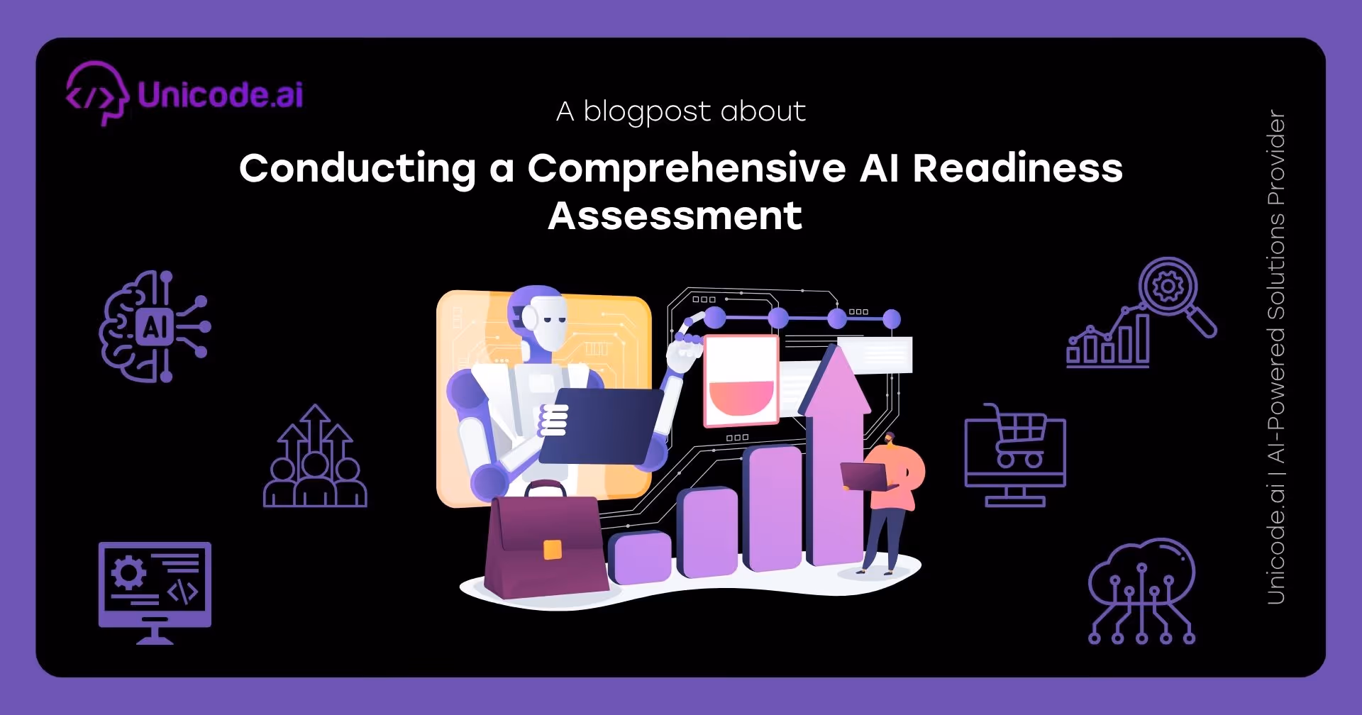 Blog cover with Unicode.ai logo featuring AI sentiment and review analysis solutions icons, including a hand selecting a happy face, user avatar surrounded by arrows, and various tech and analytics symbols on a black and purple background.