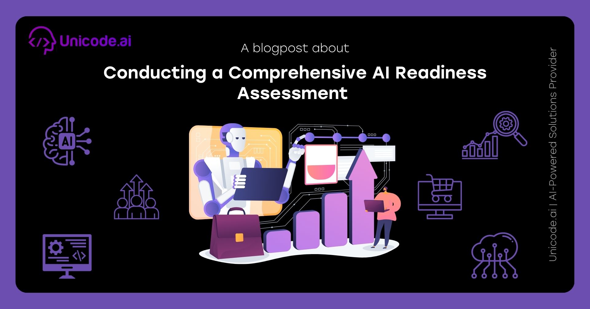 Blog cover with Unicode.ai logo featuring AI sentiment and review analysis solutions icons, including a hand selecting a happy face, user avatar surrounded by arrows, and various tech and analytics symbols on a black and purple background.