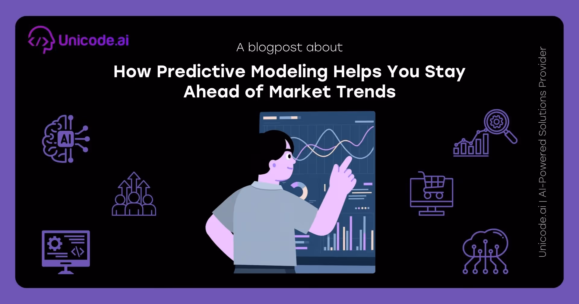 Blog cover with Unicode.ai logo featuring AI sentiment and review analysis solutions icons, including a hand selecting a happy face, user avatar surrounded by arrows, and various tech and analytics symbols on a black and purple background.