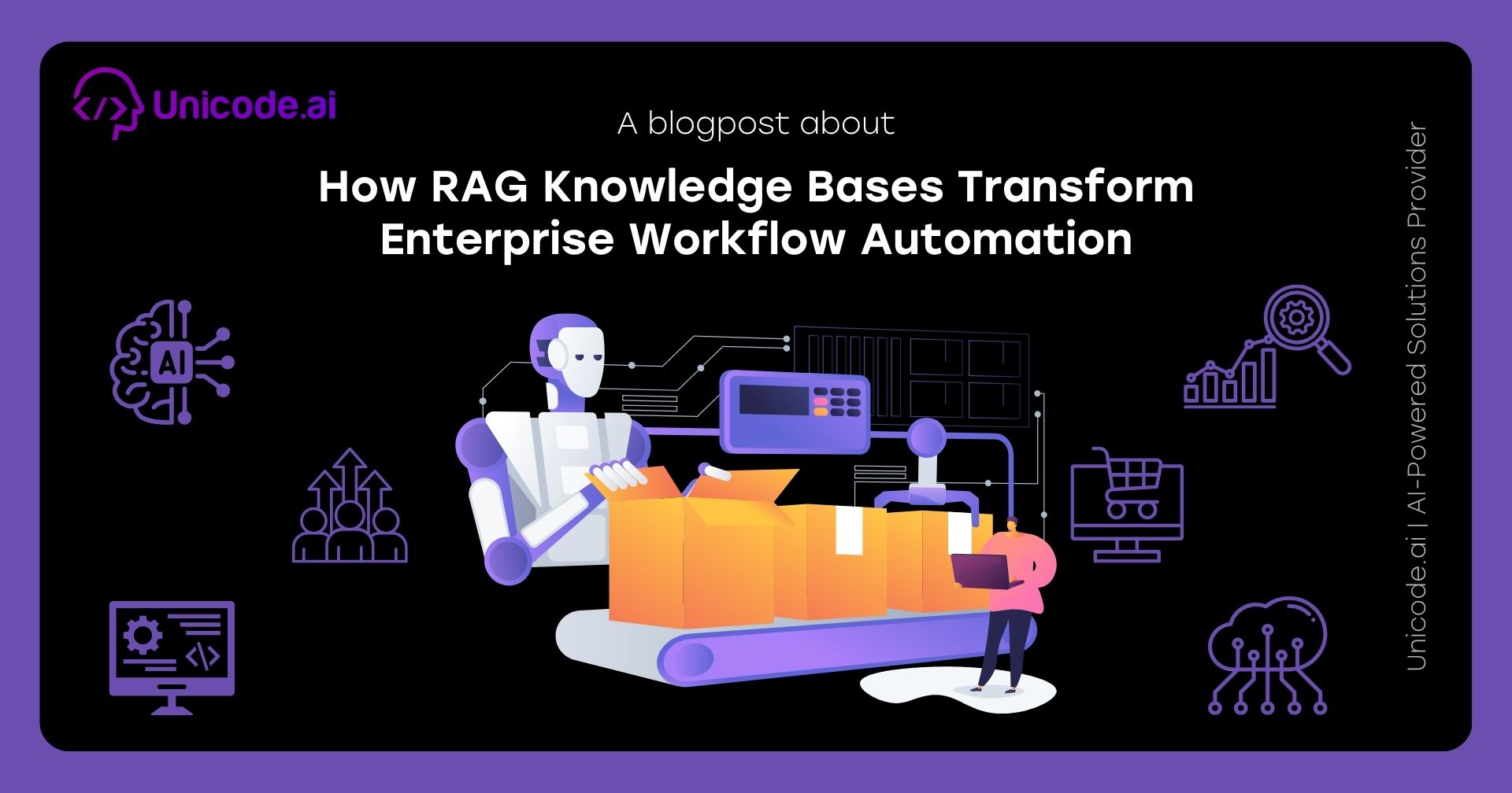 Illustration of a woman handing files and charts to a robot with icons representing AI and business analytics on a black background titled 'How Businesses Can Launch AI Features Faster Using AIaaS'.
