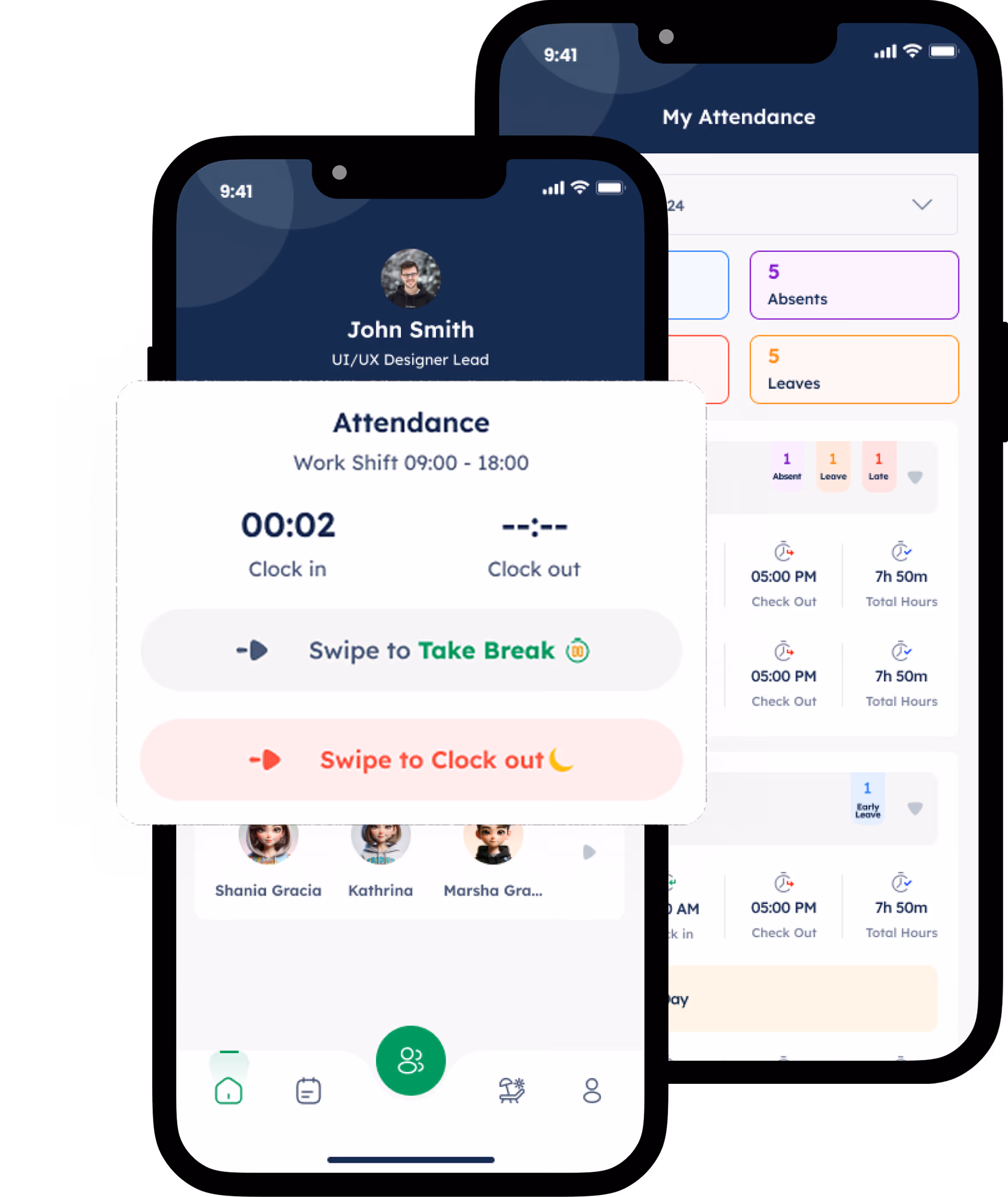 Mobile app interface showing John Smith's attendance with work shift hours, clock in time, and swipe buttons to take a break or clock out.