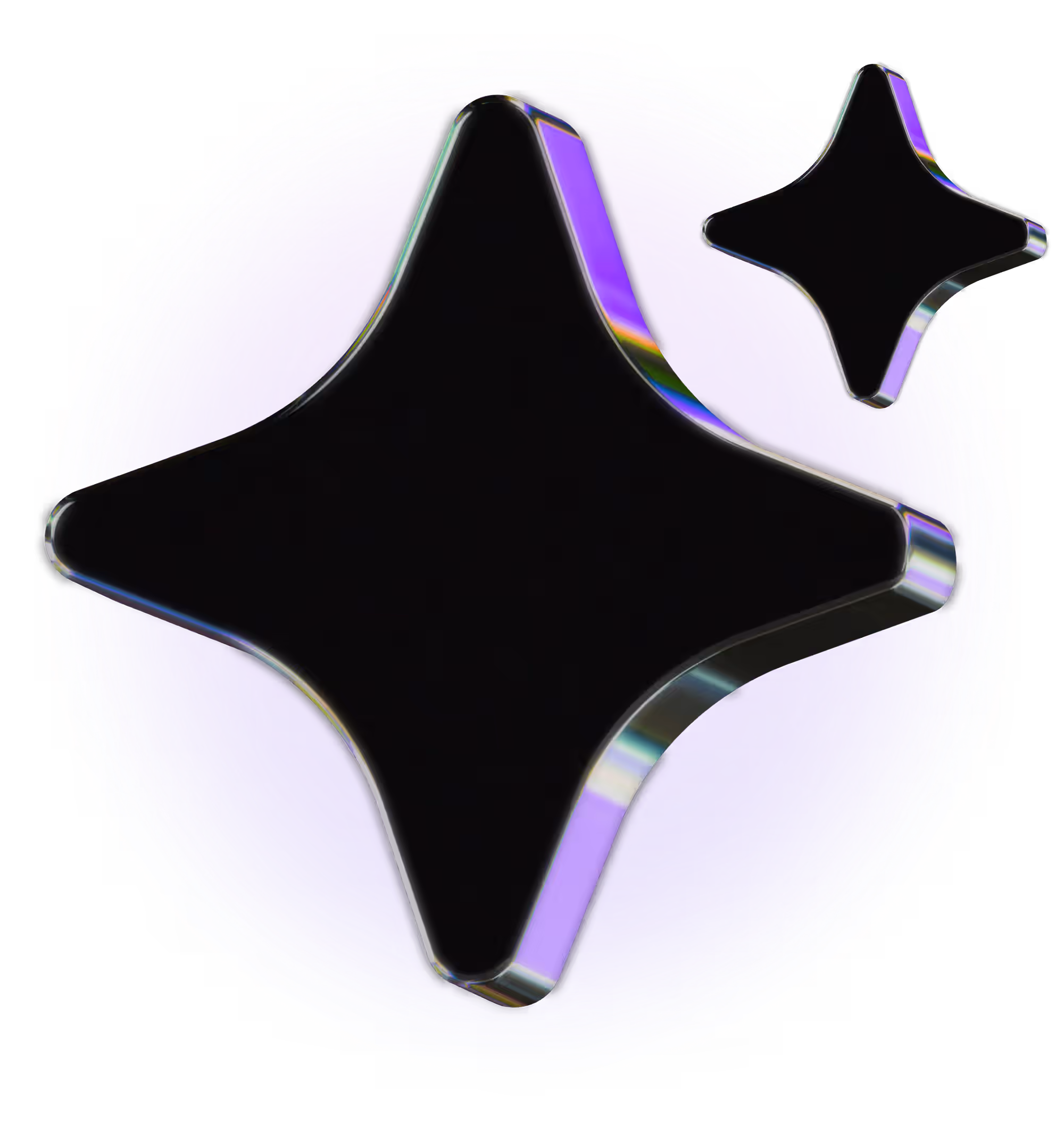 Two glossy black 3D star shapes with reflective edges on a glowing purple circular background.