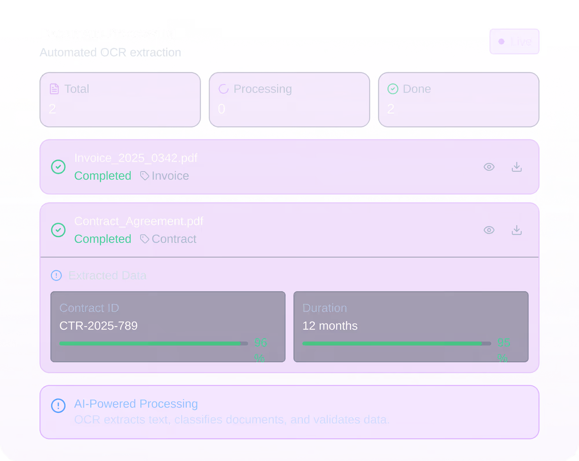Document Processing dashboard showing total documents 2, none processing, 2 done, with details of completed files Invoice_2025_0342.pdf and Contract_Agreement.pdf.