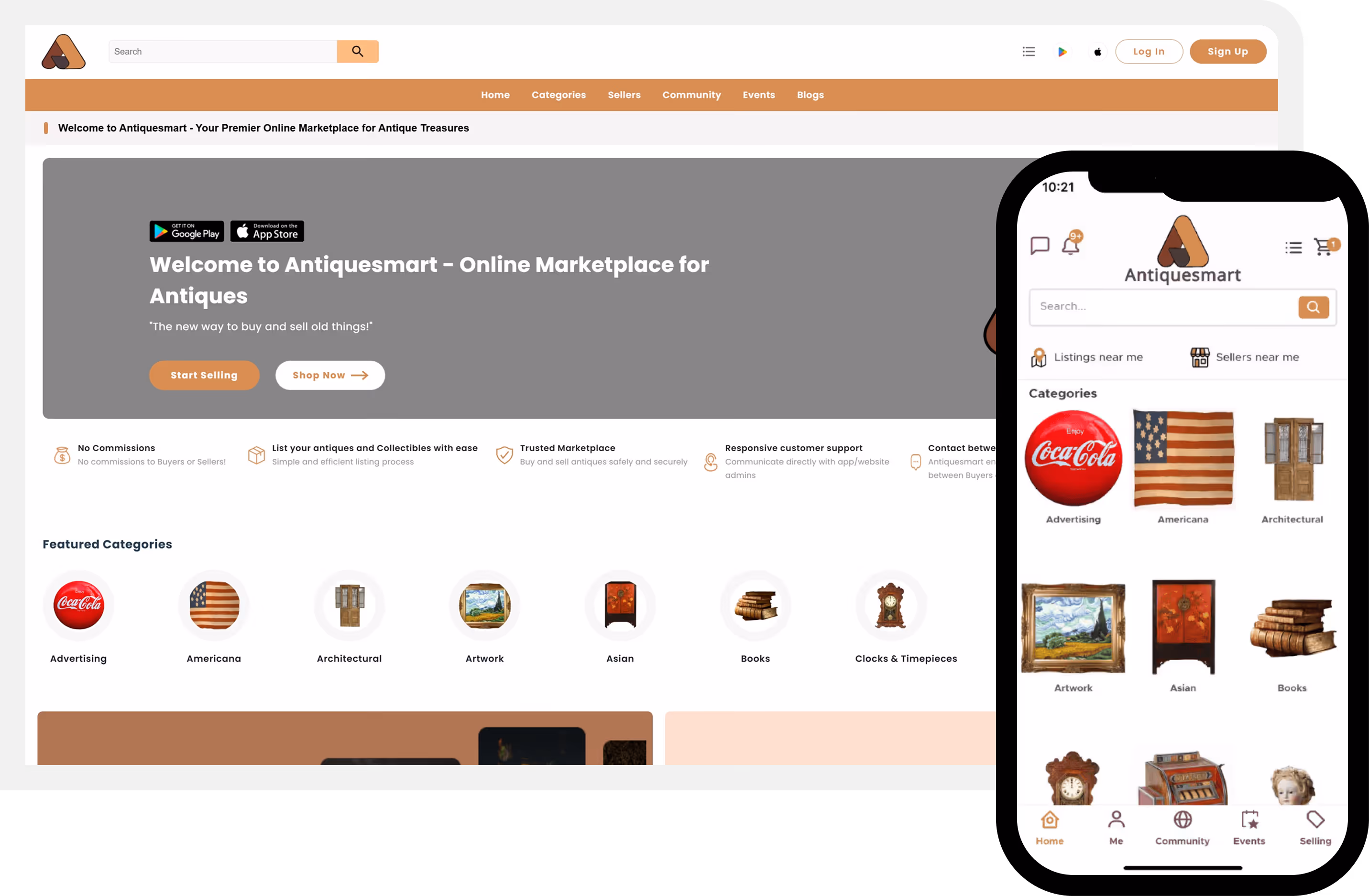 Antiquesmart website homepage displayed on desktop and mobile, showcasing categories like Advertising, Americana, Architectural, Artwork, Asian, Books, and Clocks & Timepieces.