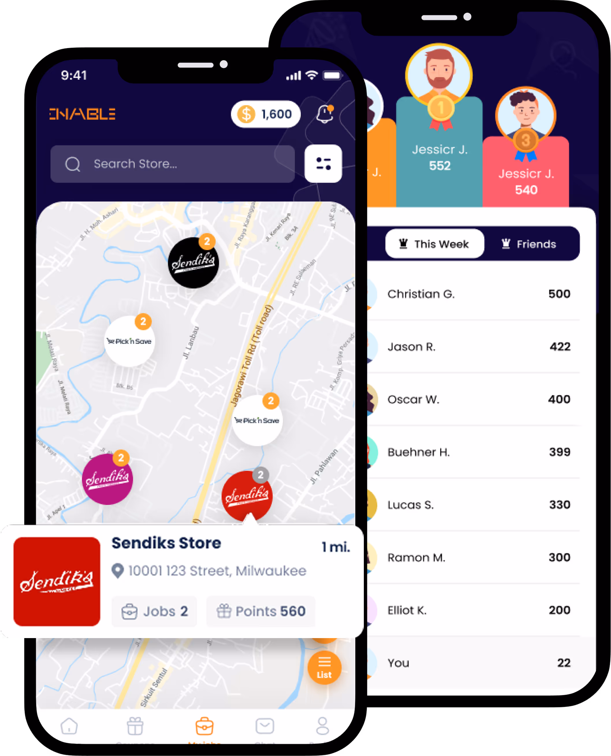 Mobile app interface showing a map with Sendiks Store locations and a leaderboard with top user scores.