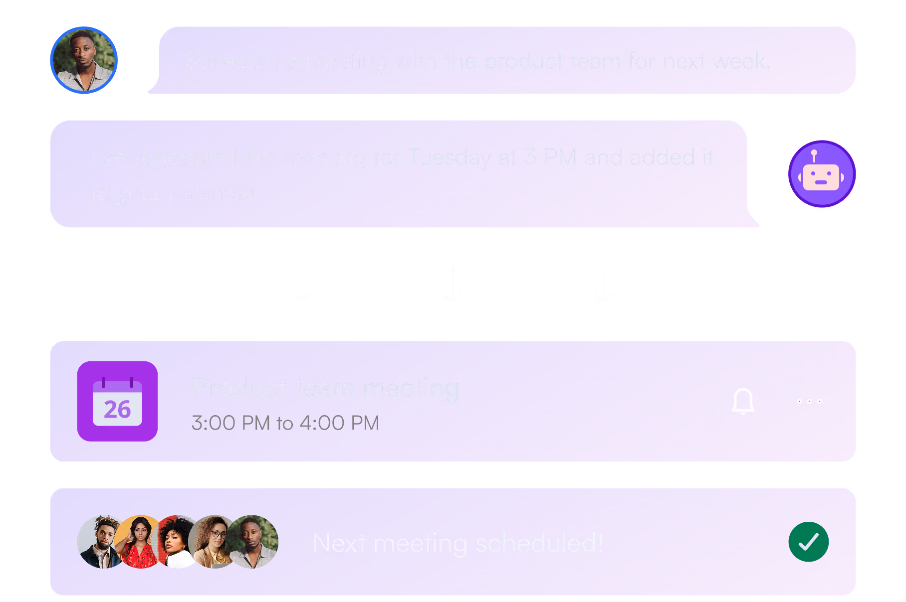 Chat conversation scheduling a product team meeting for Tuesday at 3 PM with a calendar event and confirmation message.