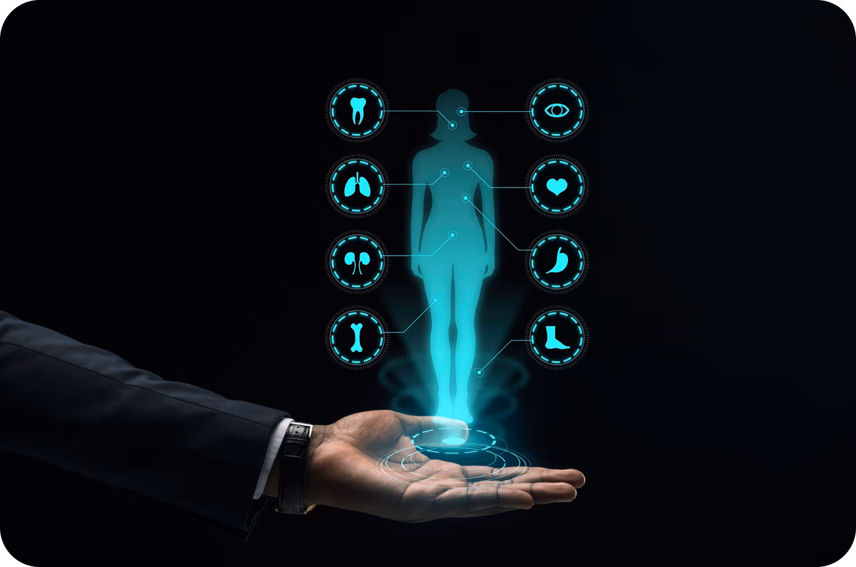 Hand in a suit holding a holographic female silhouette with glowing icons representing teeth, lungs, kidneys, bones, eyes, heart, stomach, and foot.