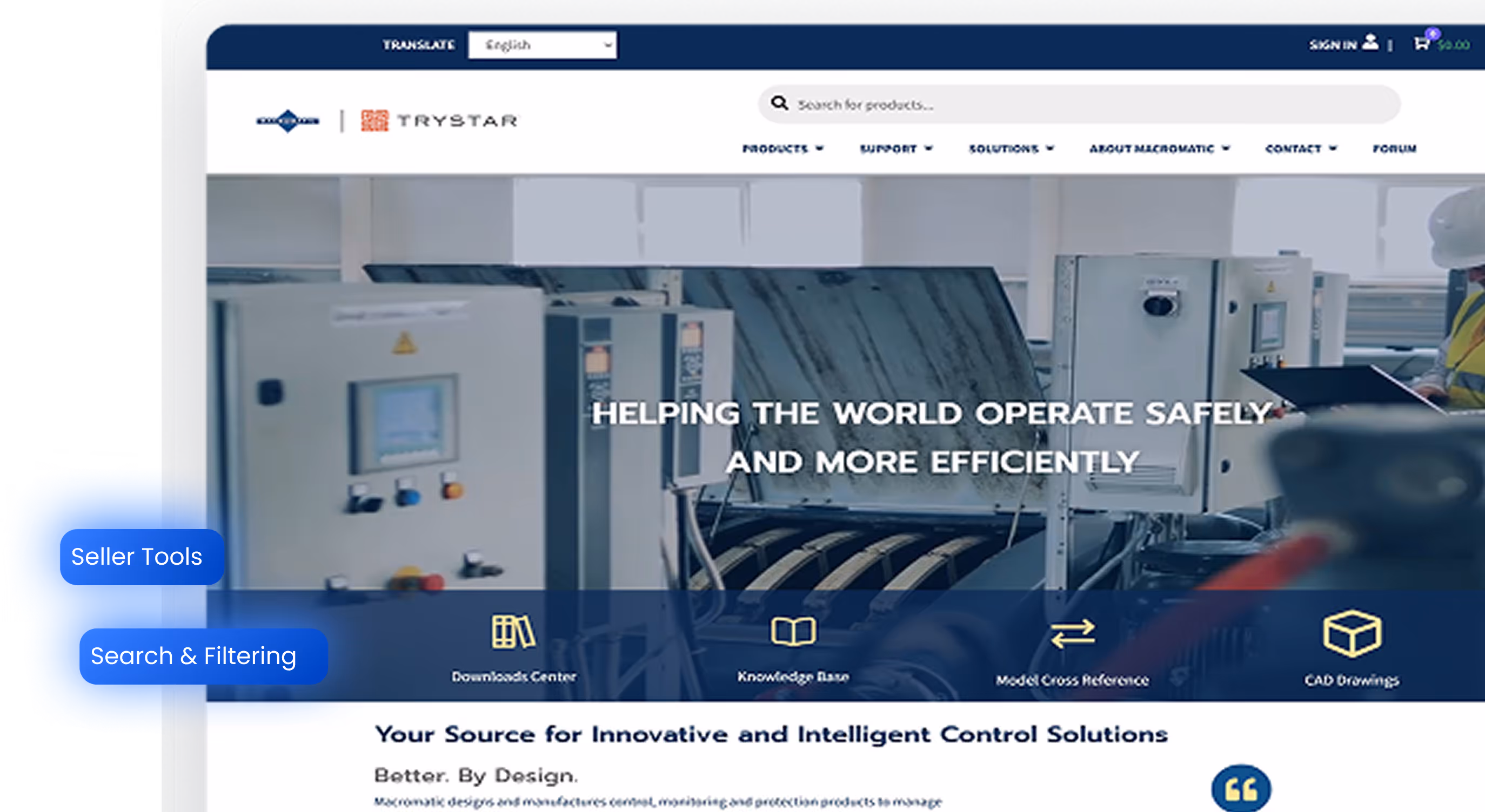 Industrial control panels with a person wearing a hard hat working on a laptop, overlaid text 'Helping the world operate safely and more efficiently.'